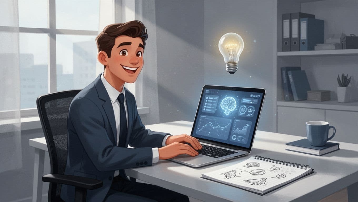 Modern illustration of a confident marketer smiling at a desk in a home office, typing on a laptop displaying a glowing AI dashboard, with a notepad and floating idea bulb nearby, in muted blues and grays.