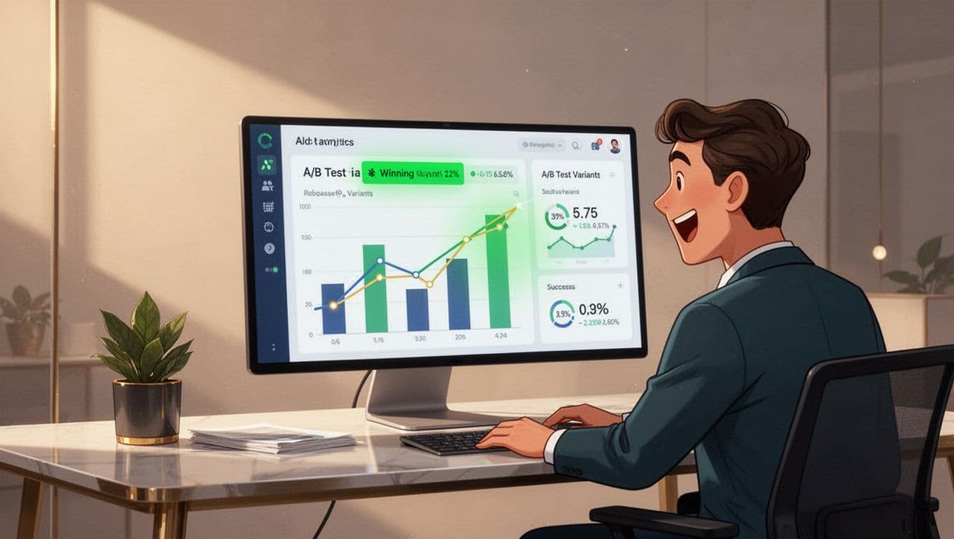 A marketer sits at a contemporary office desk, excitedly viewing an analytics dashboard on their monitor displaying bar graphs and line charts comparing A/B test variants, with a green indicator highlighting the winner and key success metrics.