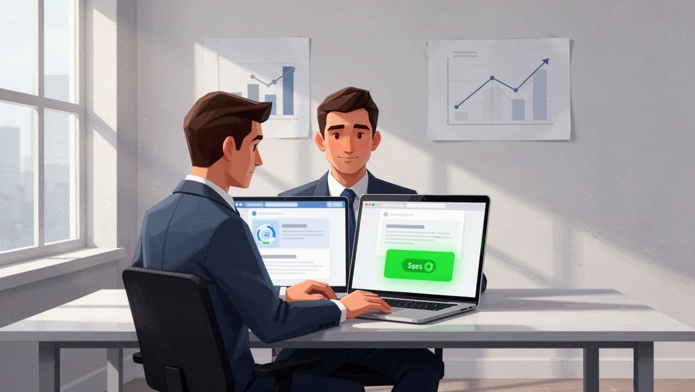 Modern illustration of a marketer at a desk analyzing A/B test results on a laptop screen showing two landing page variants side by side, with the green CTA button variant performing better in a clean office setting.