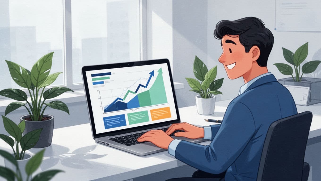 Modern illustration of a single marketer at a desk happily reviewing a laptop dashboard with rising conversion graphs and A/B test results in a clean office with plants and natural light.