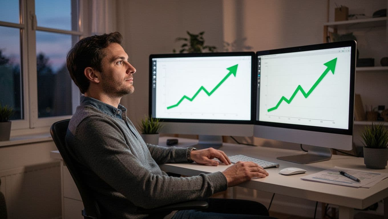 Modern illustration of a marketer in a home office leaning back thoughtfully while analyzing email campaign metrics on dual monitors, with one screen showing a dropping bounce rate after verification and green upward-trending charts, illuminated by evening light through the window.