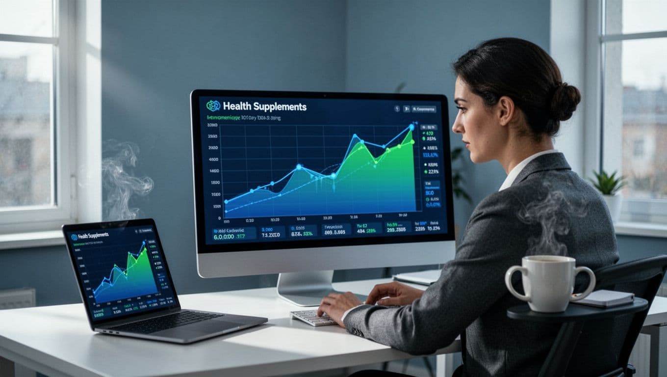 Modern illustration of a marketer at a desk in a clean office analyzing a dashboard screen with exploding trend graphs for health products like supplements, accompanied by a laptop and coffee mug.