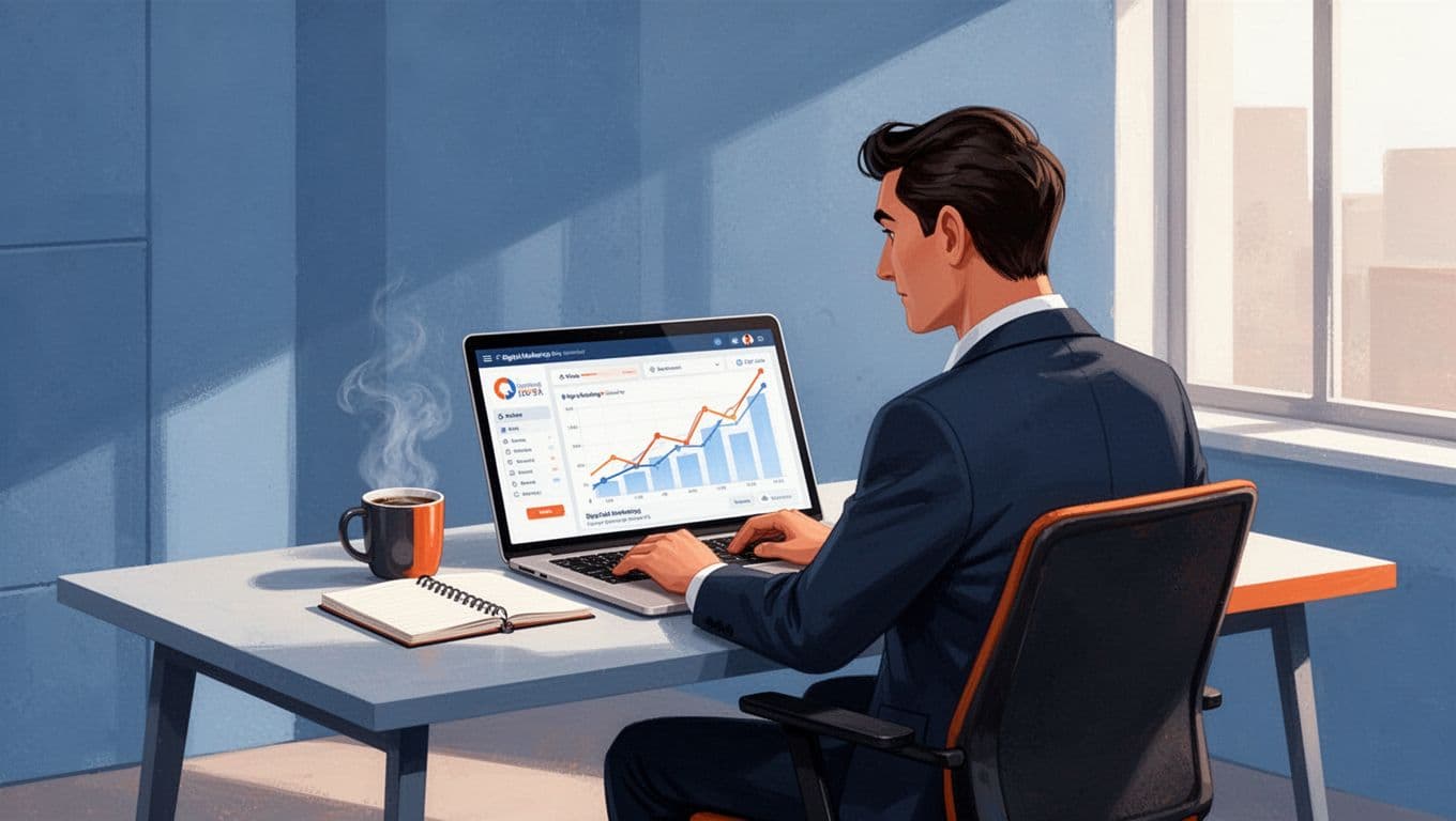 Focused marketer in modern home office analyzes Exploding Topics dashboard on laptop showing rising trend lines for digital marketing topics, with notebook and coffee on simple desk, in clean modern illustration style using blue and orange palette.