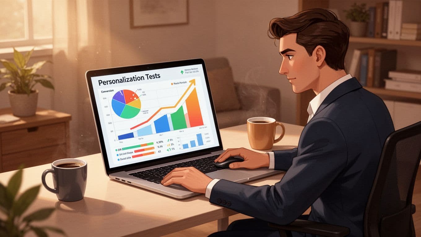 Modern illustration of a marketer in a home office analyzing charts and graphs on a laptop screen showing improved conversion metrics from personalization tests, with coffee mug on desk, relaxed pose.