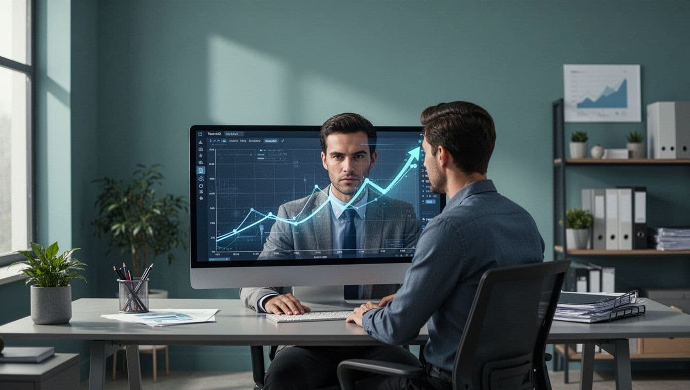 Modern illustration of a marketer at a desk focused on computer screen displaying trend graphs and charts highlighting rising consumer needs for sustainable products and AI tools in a clean office with blue-green palette.