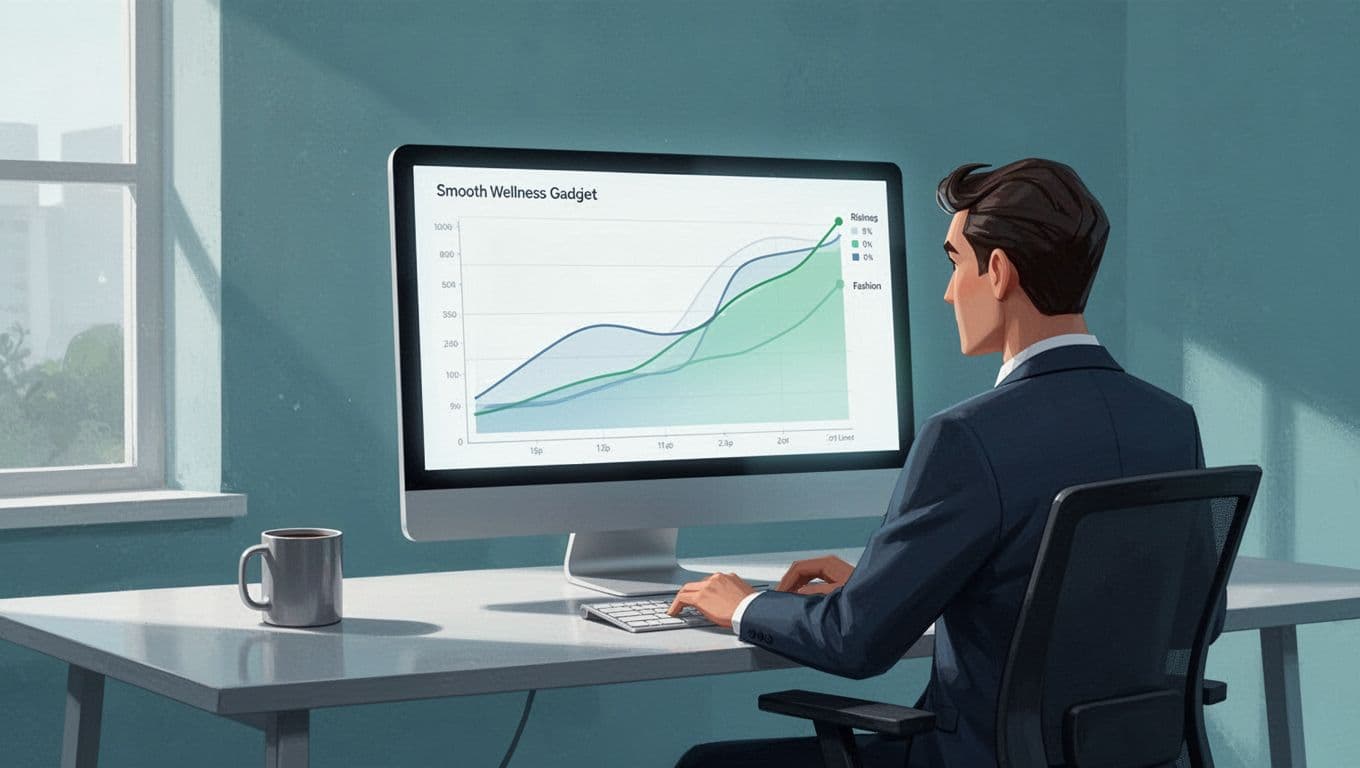 Modern illustration of a marketer at a desk analyzing trend graphs on a computer screen displaying rising lifestyle trends like wellness gadgets and sustainable fashion in a clean office with coffee mug.