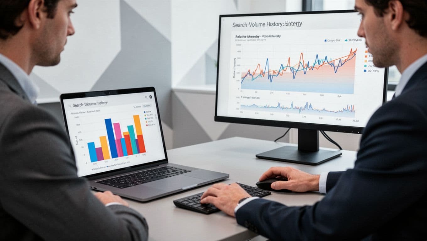 Modern illustration of a marketer at a desk intently analyzing a time series chart on dual screens comparing search volume history and relative Google Trends interest, with clean shapes, controlled colors, and soft office lighting.