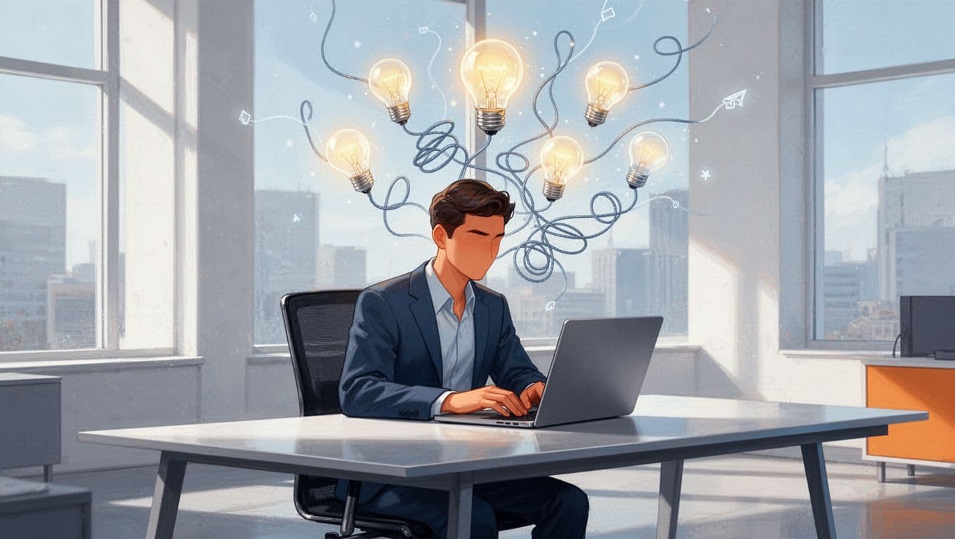 A marketer at a modern desk with laptop open to Twitter interface, surrounded by floating lightbulb icons with emerging thread shapes, illustrating idea generation for attention-grabbing thread starters in a clean modern style.