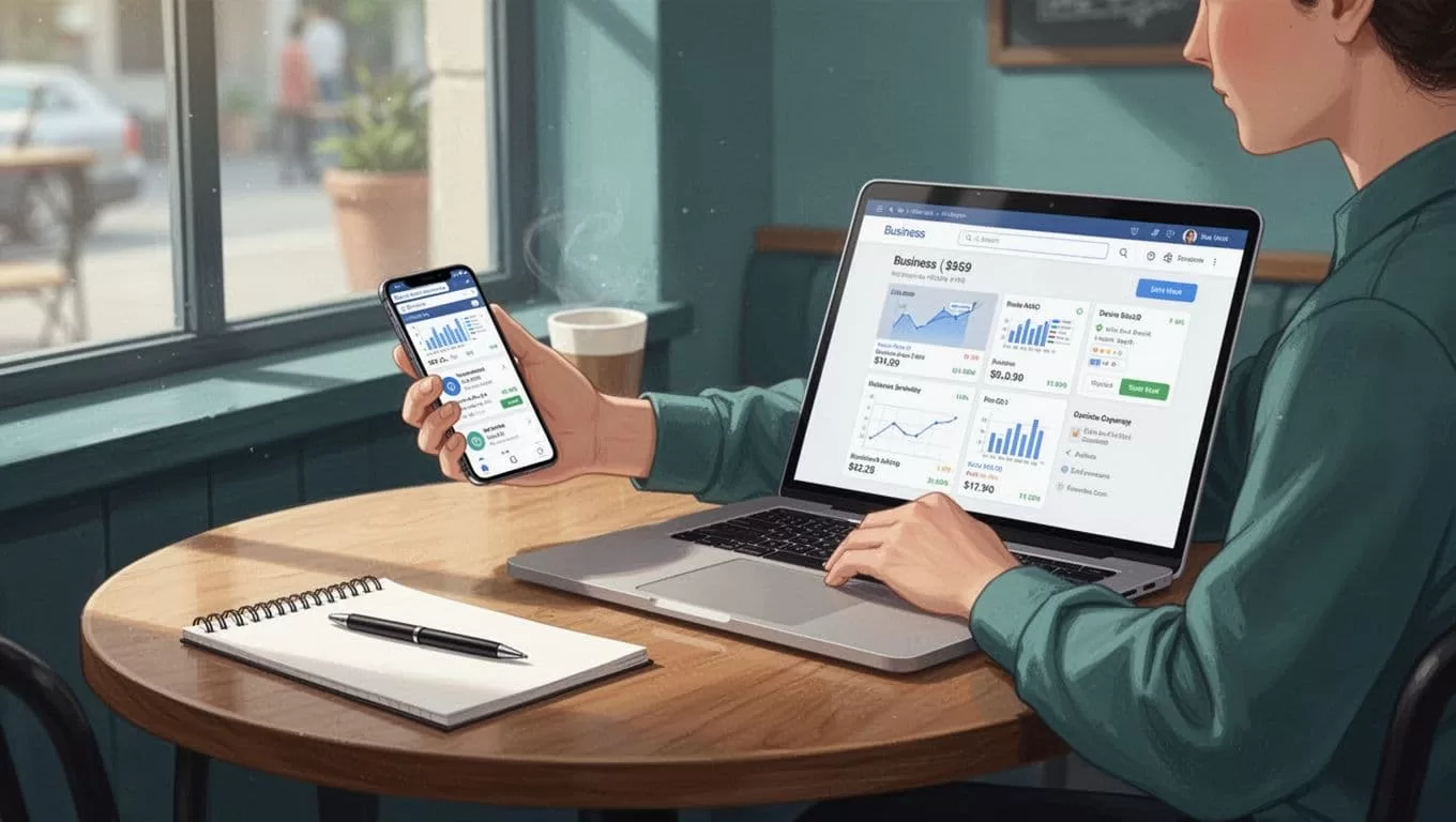 Modern illustration of a solo marketer at a cafe table holding phone and laptop, reviewing Google Business Profile and local directory for a plumber business with blurred screens and notepad nearby.