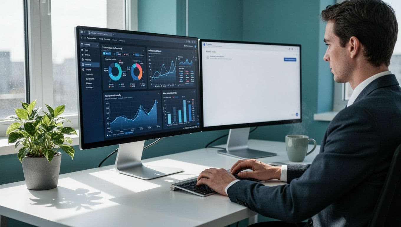 Modern illustration of a marketer at a desk comparing two dashboards on dual screens: one complex with many charts, the other simple and clean, in an office with plants and coffee mug.