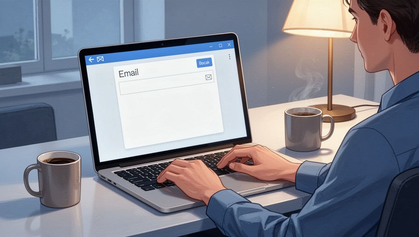 Modern illustration in blues and whites showing one marketer in a home office, hands on laptop displaying a blank email draft, coffee mug nearby, relaxed pose under warm lamp light, focused composition on screen and hands.