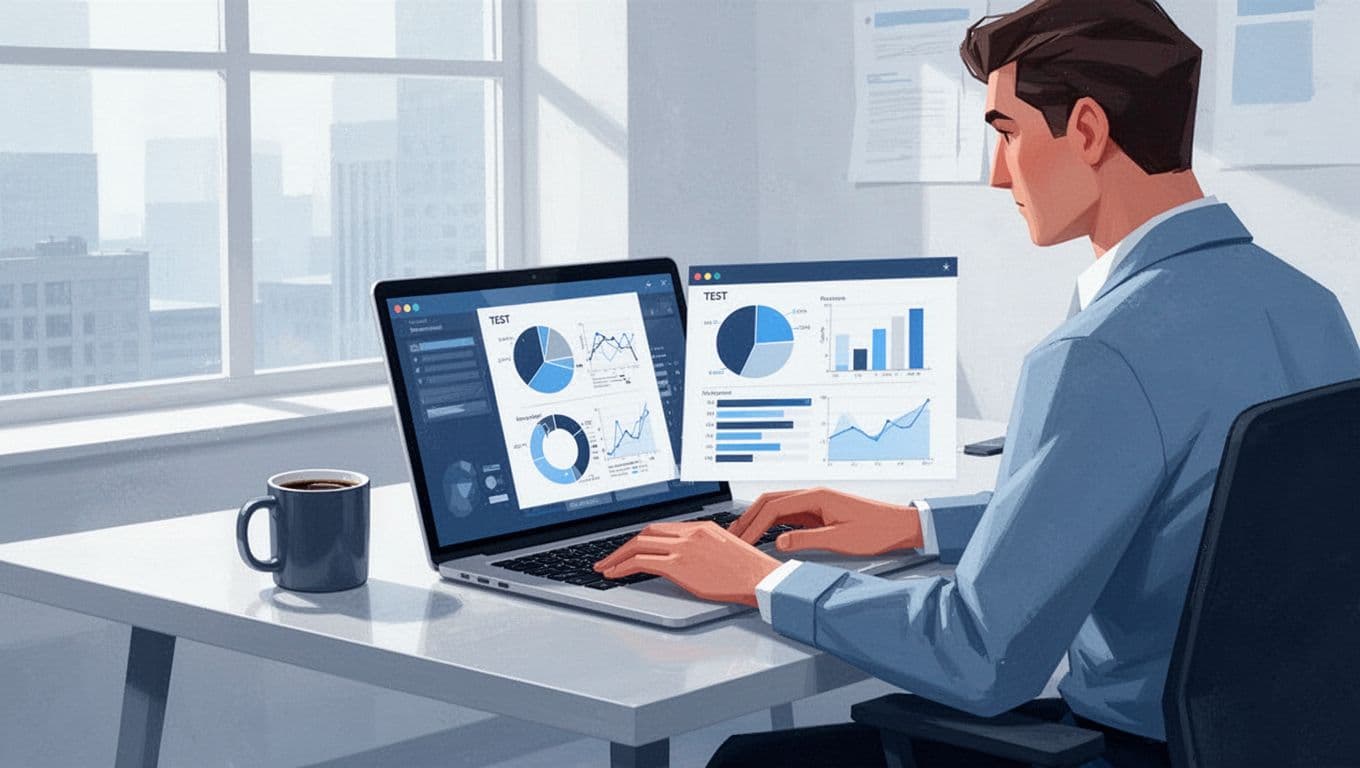 Modern illustration of a marketer at a desk in a bright office, laptop displaying A/B test charts in Mida.so dashboard, coffee mug nearby, clean blues and whites palette.