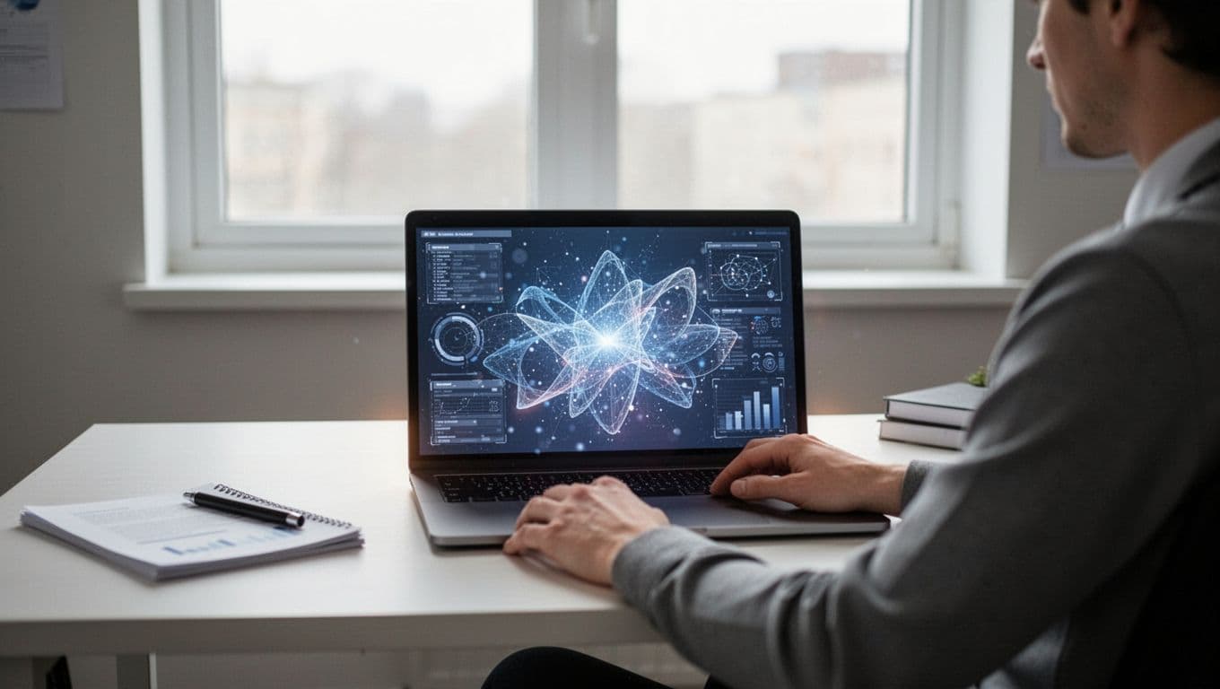 Modern illustration of a single marketer at a clean desk with laptop displaying website personalization software dashboard during setup, soft natural lighting, simple office setting.
