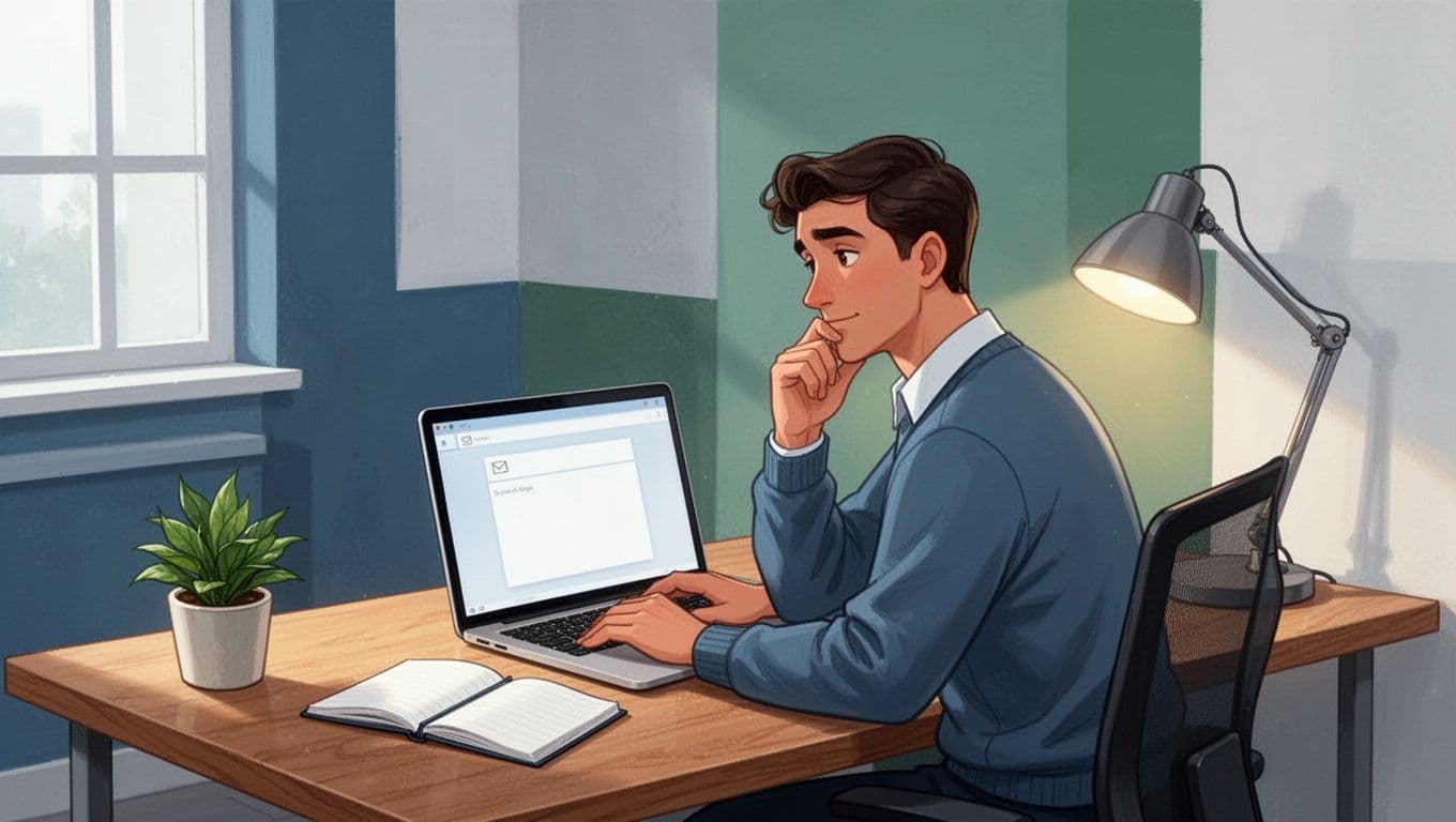 Modern illustration of a single marketer in a cozy office typing on a laptop to craft a personalized email, with a blank compose screen, thoughtful expression, plant, open notebook, and soft desk lamp light.
