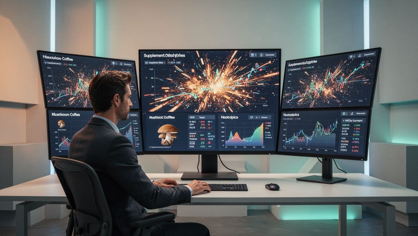 Modern illustration of a marketer at a desk with multiple screens showing upward trend graphs for supplements like mushroom coffee and nootropics, using clean shapes and a warm palette of blues and greens.