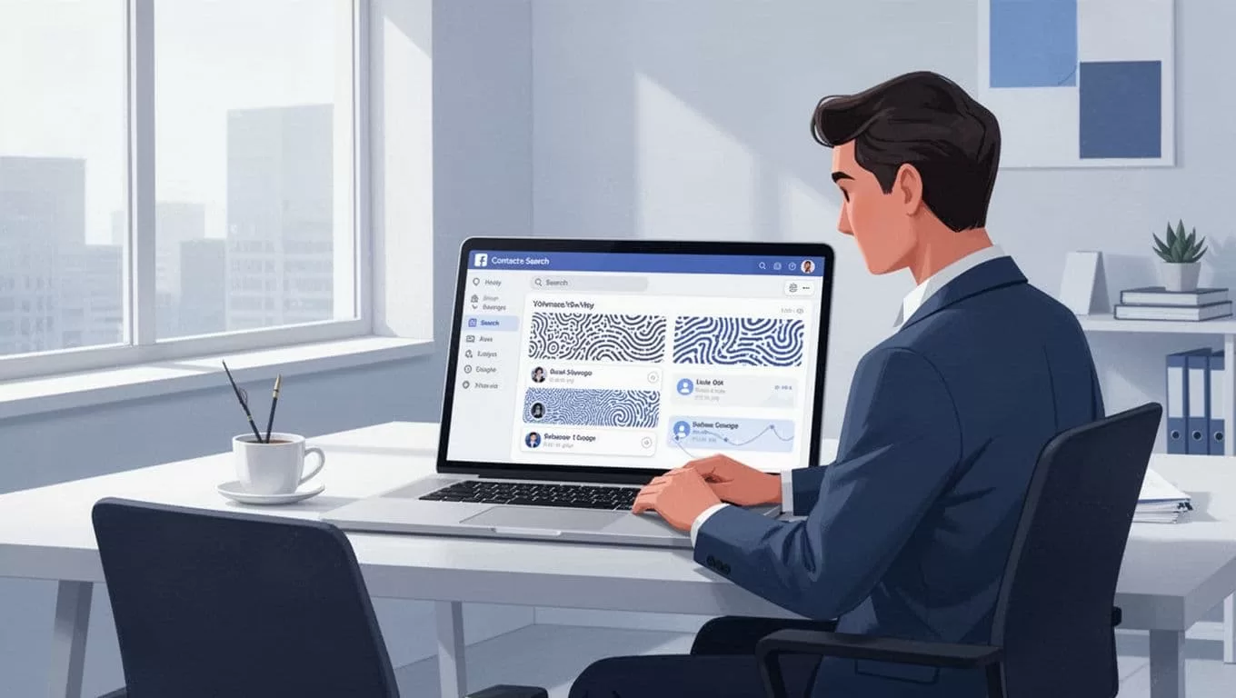 Modern illustration of a marketer at a desk searching for email contacts on the Hunter.io dashboard, with laptop screen displaying domain search results and email patterns in a clean office setting.