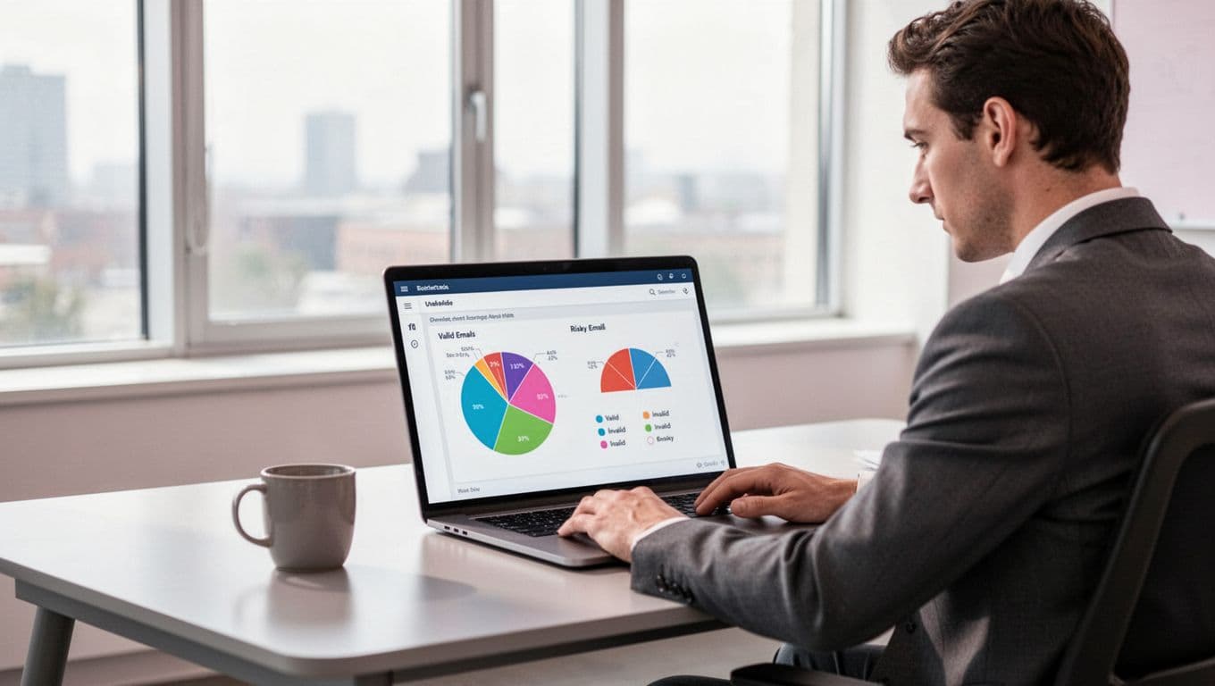 Modern illustration of a marketer sitting at a desk in a bright office, intently focused on a laptop screen showing an email verification dashboard with pie charts for valid, invalid, and risky emails.