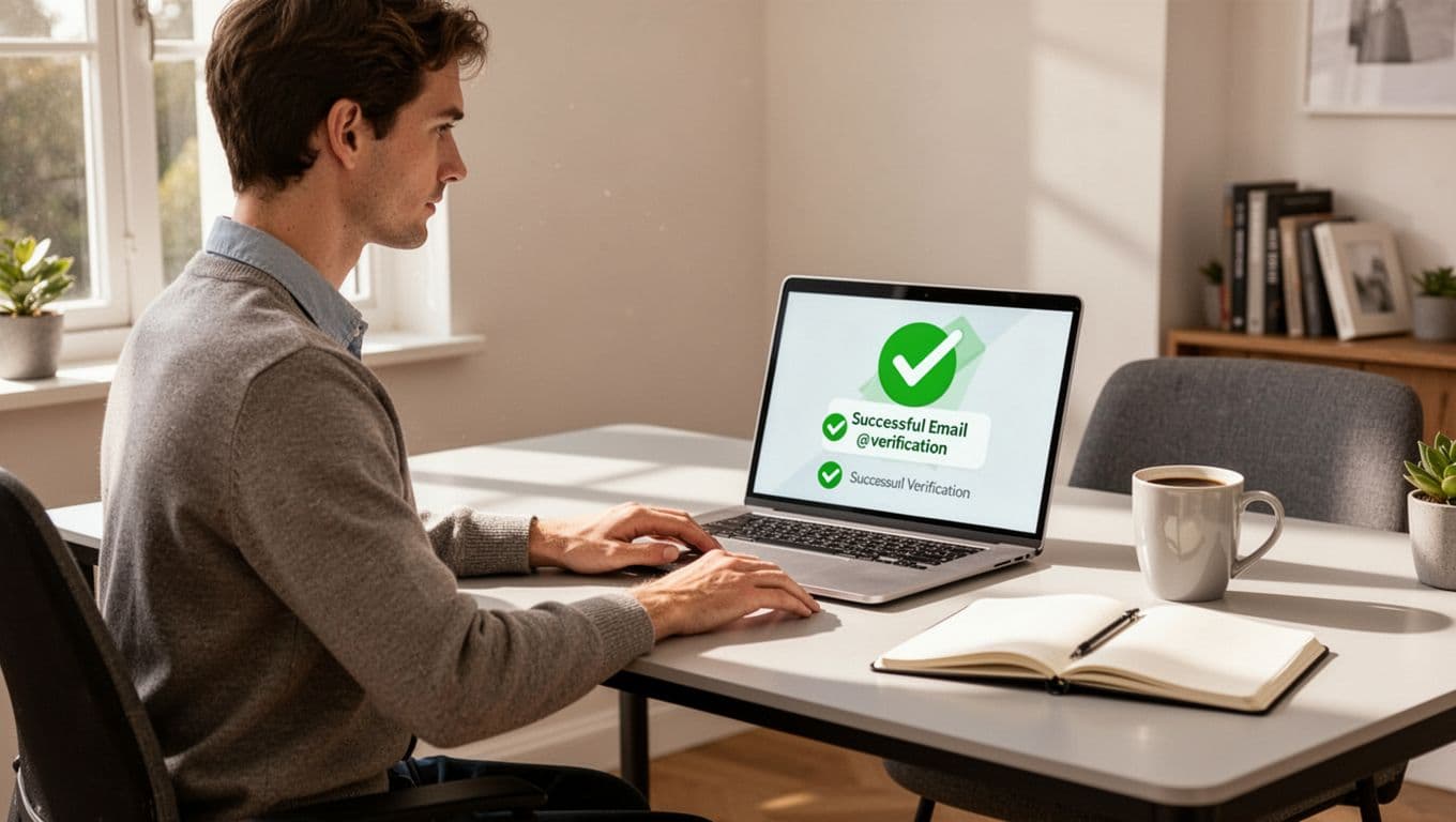 Modern illustration of a single marketer in a bright home office at a modern desk, laptop showing email verification dashboard with green checkmarks, relaxed hands resting, coffee mug and notebook nearby, natural daylight from window.