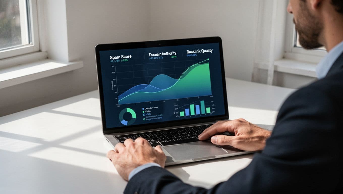 Modern illustration of a marketer at a clean desk intently examining a laptop screen displaying domain reputation metrics including spam score, domain authority, and backlink quality indicators. The focused composition uses soft natural lighting, a blue and green color palette, clean shapes, and strong line weight.