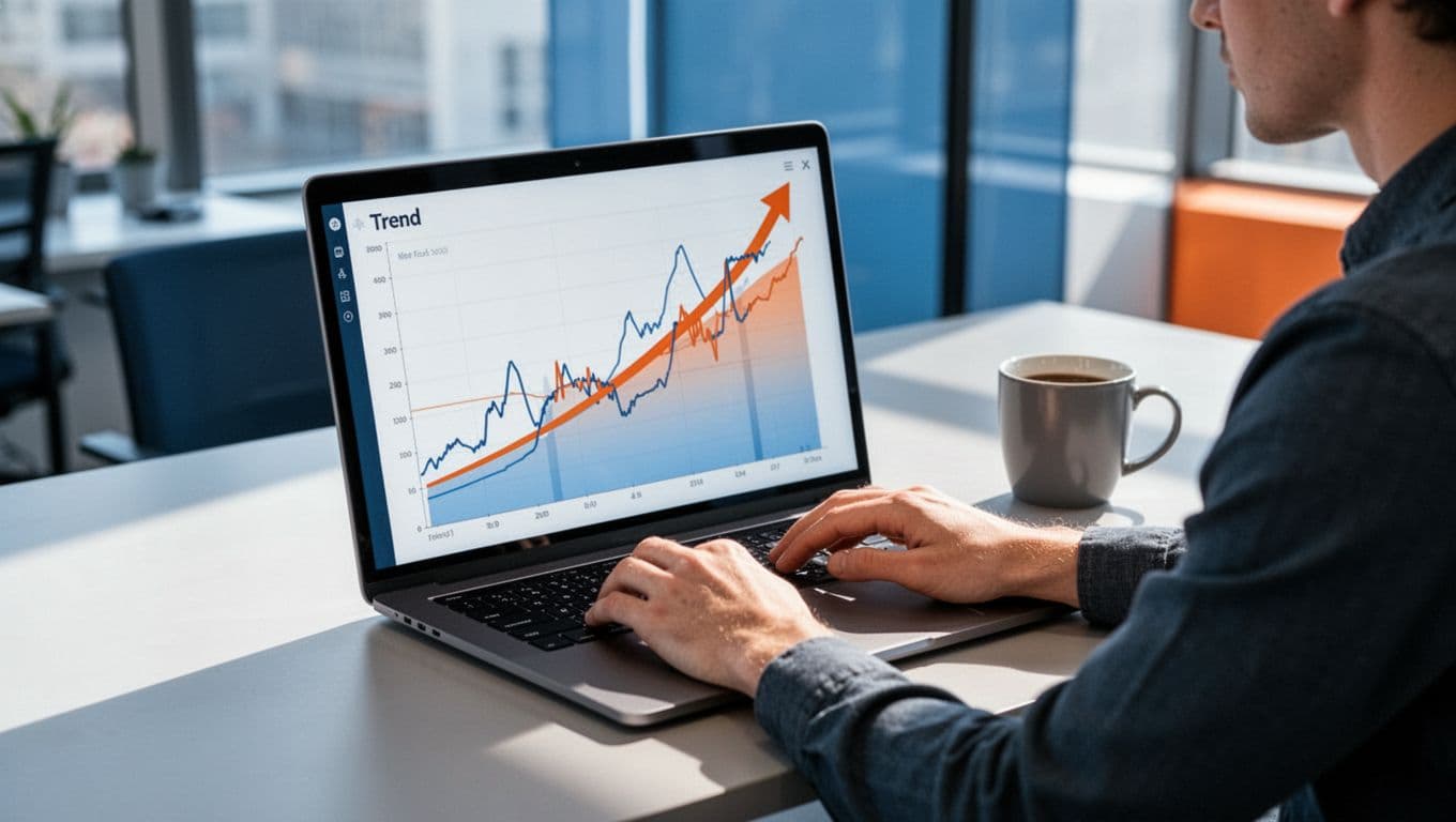 A marketer closely examines a laptop screen displaying rising trend graphs with explosive growth curves in a modern office illustration using blues and oranges.