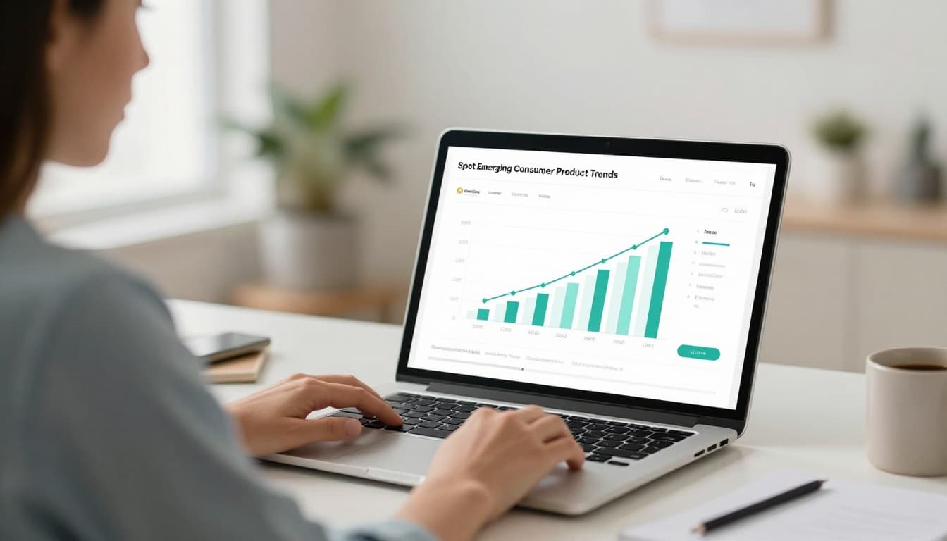 Modern illustration of a marketer at a clean desk in a bright home office, viewing Exploding Topics dashboard on laptop showing rising graphs for consumer product trends like wellness items.