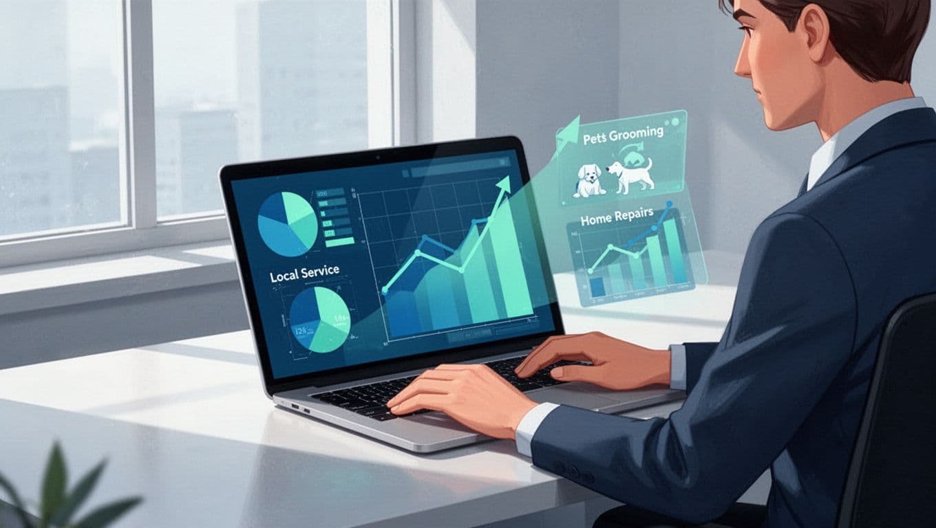 Modern illustration of a marketer at a desk with a laptop displaying the Exploding Topics dashboard, highlighting rising local service trends like pet grooming and home repairs, using clean shapes and a blue-green palette with focus on charts and graphs.