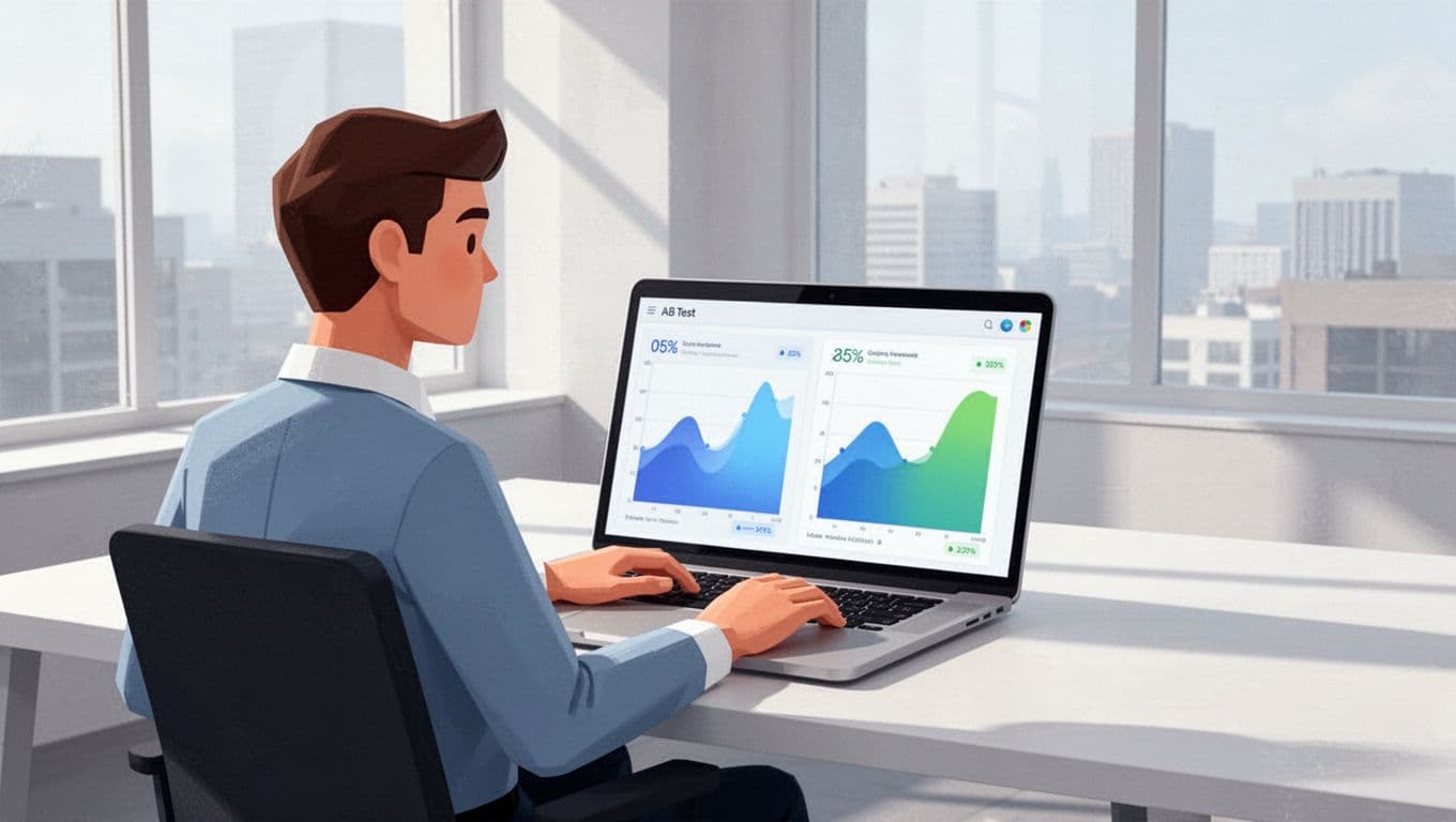 Modern illustration of a marketer rapidly launching an A/B test on a laptop in a bright office, featuring a dashboard with two variants side by side and positive results graphs.