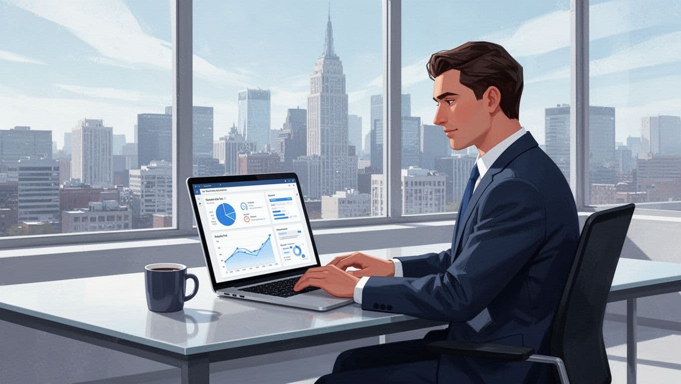 Modern illustration of a solo marketer relaxed at a desk with laptop open to Hunter.io email finder dashboard showing domain search results, coffee mug, and city view window.