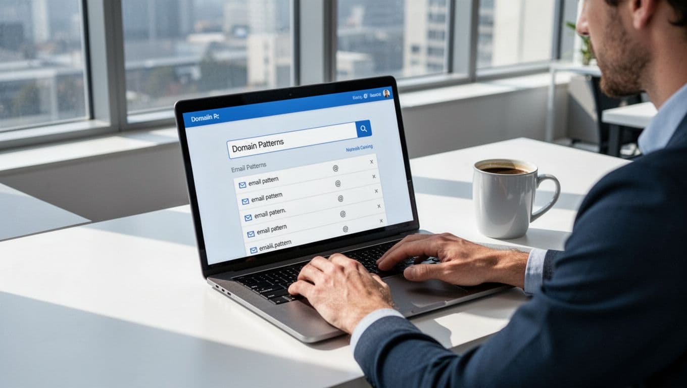 Illustration of a focused marketer at a modern desk using a laptop on Hunter.io dashboard to search a company domain, displaying email patterns like first.last@company.com with verification icons.