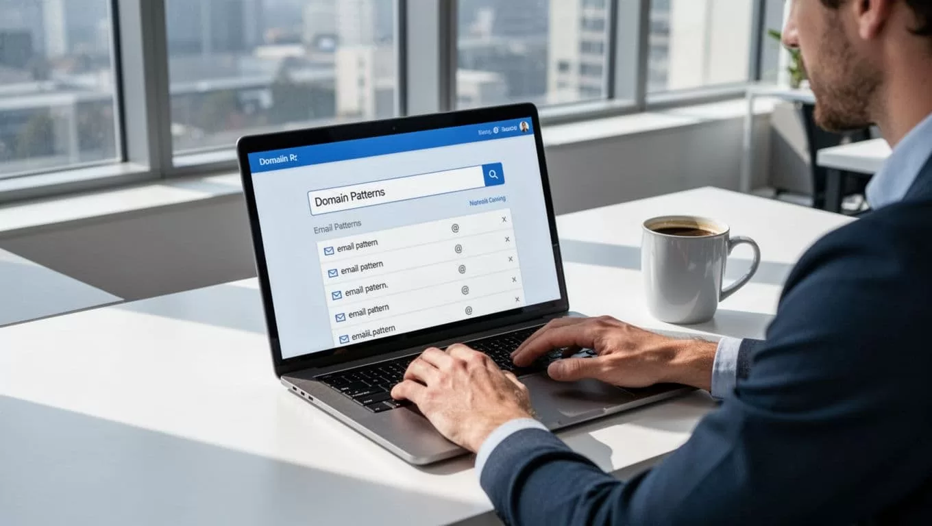 Illustration of a focused marketer at a modern desk using a laptop on Hunter.io dashboard to search a company domain, displaying email patterns like first.last@company.com with verification icons.
