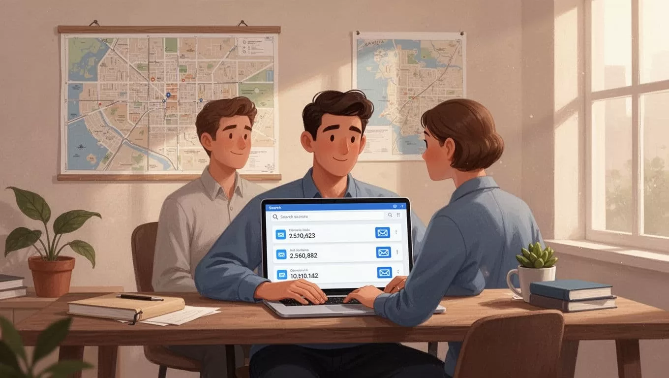 Modern illustration of a marketer at a desk searching for local business emails on the Hunter.io interface, with the laptop screen displaying domain search results and email icons in a cozy office with a city map on the wall.