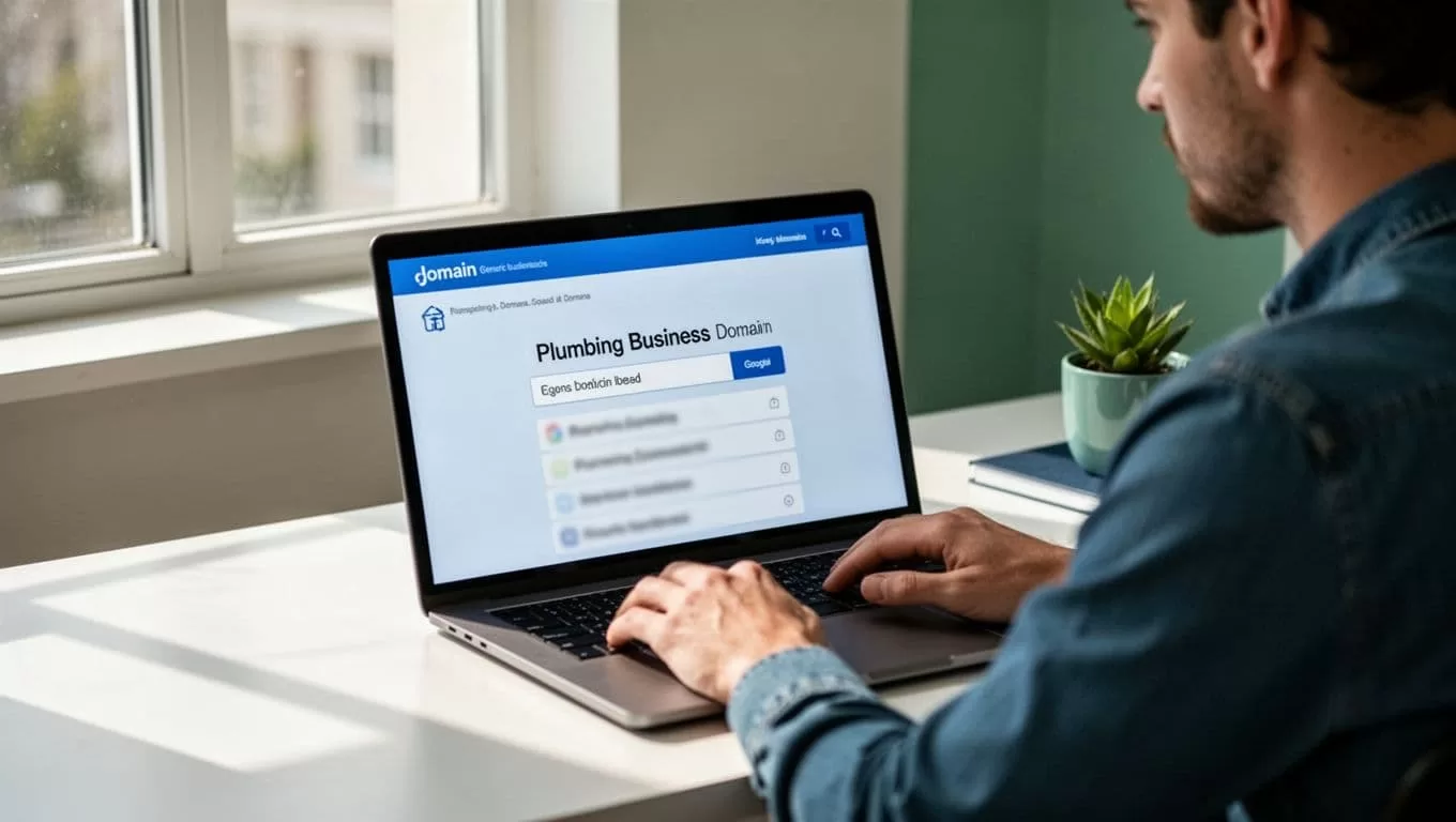 Modern illustration in clean shapes and blues-greens palette: a solo marketer at a tidy desk in a bright home office, laptop displaying Hunter.io domain search for a plumbing company domain to discover email patterns.