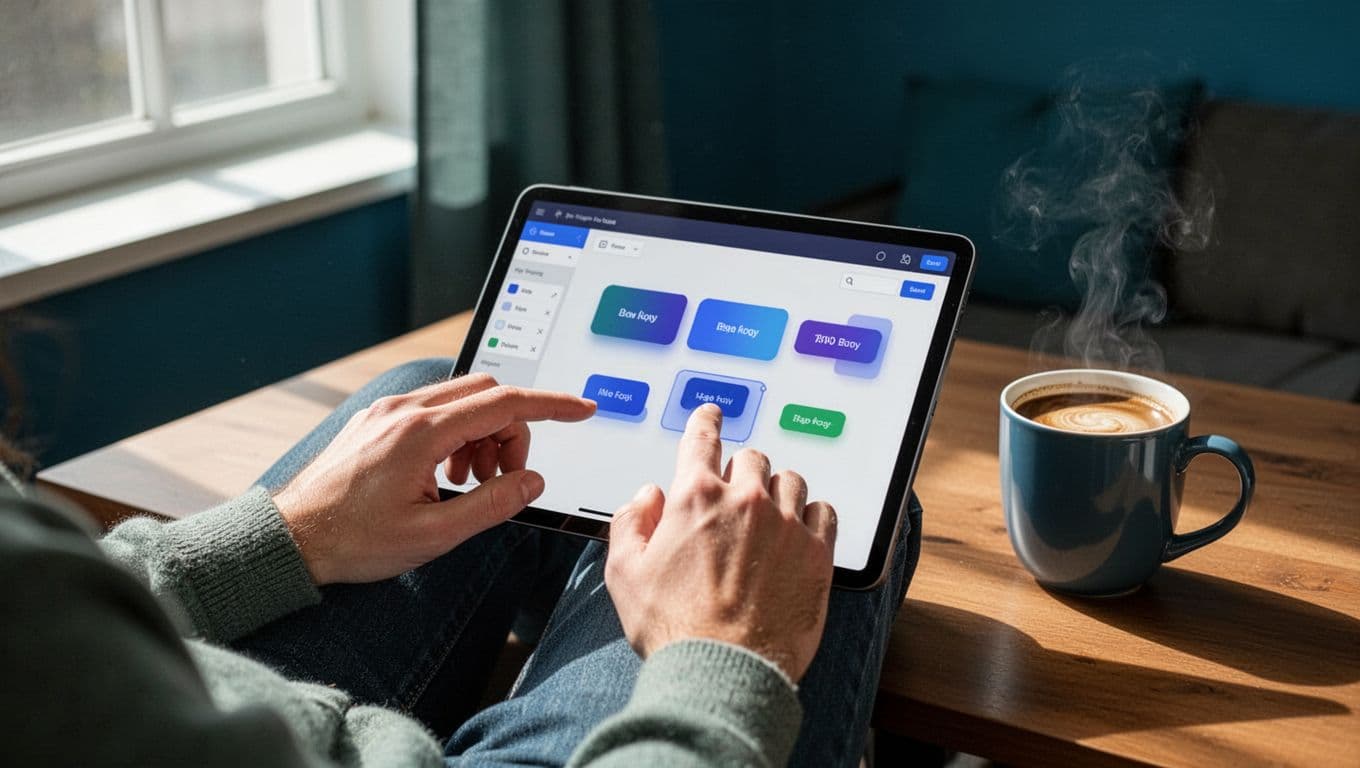 Modern illustration of a marketer independently editing website elements for an A/B test using a visual editor on a tablet in a cozy workspace with coffee mug nearby. Clean shapes in blue and green palette, strong composition, no text or extra elements.