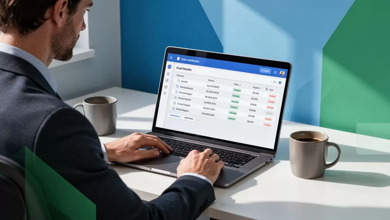 Modern illustration of a marketer at a desk reviewing an email list on a laptop screen showing the Hunter.io bulk verification dashboard with a clean results table and a nearby coffee mug in a focused workspace.