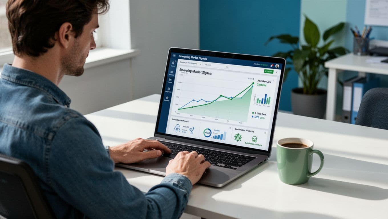 Modern illustration of a marketer at a clean desk in a bright office, focused on the Exploding Topics dashboard on a laptop screen showing rising trend graphs and underserved markets like AI elder care and sustainable products.