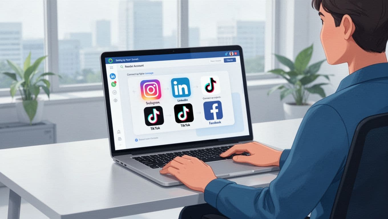 Illustration of one marketer at a sleek desk in a bright office, laptop screen displaying a simple dashboard with Instagram, LinkedIn, TikTok, and Facebook icons ready for account connection, hands relaxed on keyboard.