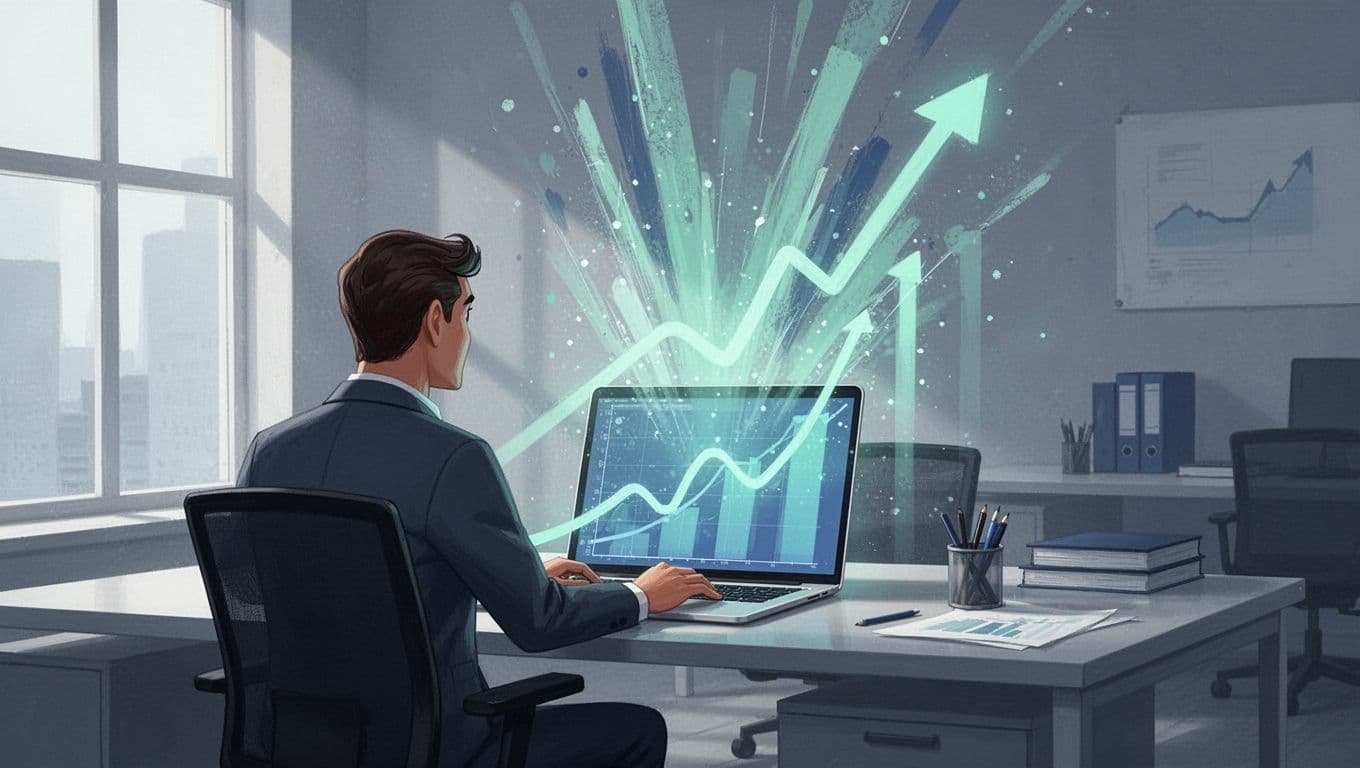 Modern illustration of a marketer at a desk spotting upward exploding trend graphs on a laptop screen, featuring clean shapes, controlled blues and greens palette, and strong composition.