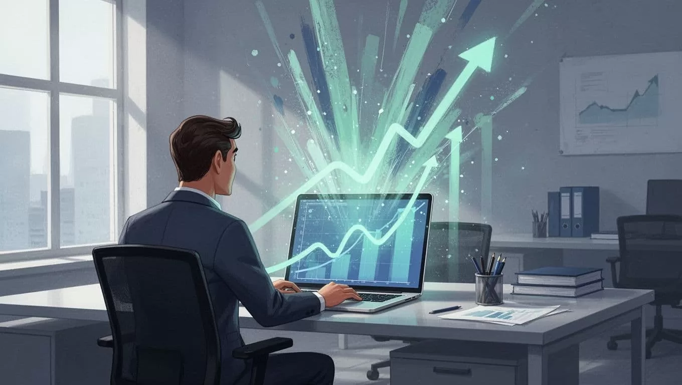Modern illustration of a marketer at a desk spotting upward exploding trend graphs on a laptop screen, featuring clean shapes, controlled blues and greens palette, and strong composition.