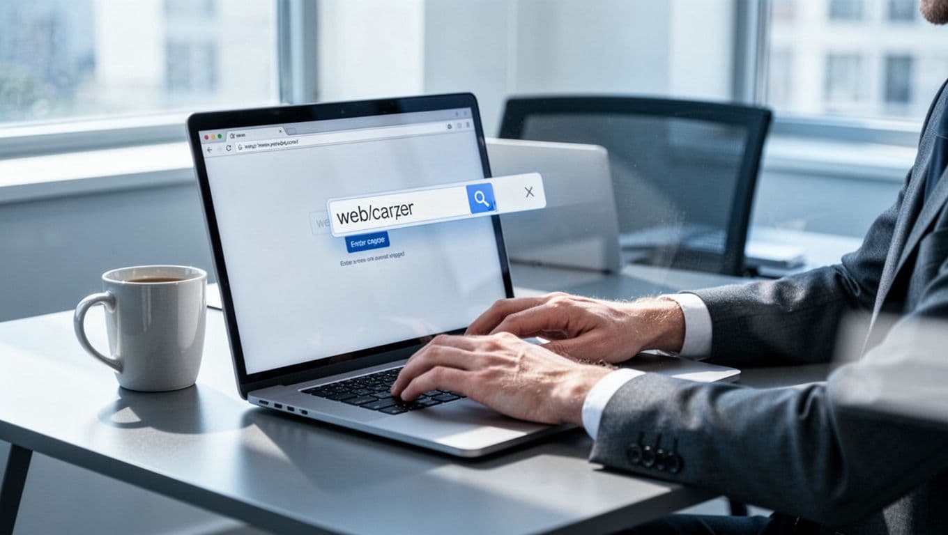 A marketer sits relaxed at a modern desk in a bright office, typing UTM parameters into a URL in the browser address bar on an angled laptop screen, with a coffee mug nearby and window light illuminating the workspace in a clean illustration style.