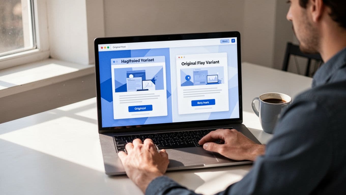 Modern illustration of a marketer at a desk with a laptop screen displaying a simple visual A/B testing editor interface, featuring a split screen comparing original and variant webpage elements like headlines and CTA buttons.