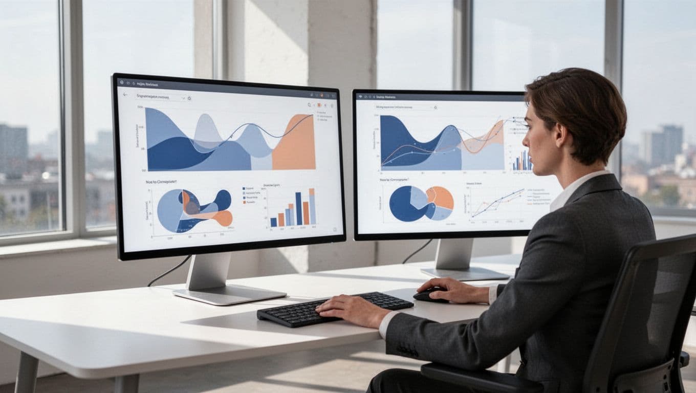 Modern illustration of a marketer seated at a sleek desk in a sunlit contemporary office, with dual monitors displaying abstract trend lists and keyword metrics, hands resting between keyboard and mouse under soft natural daylight.