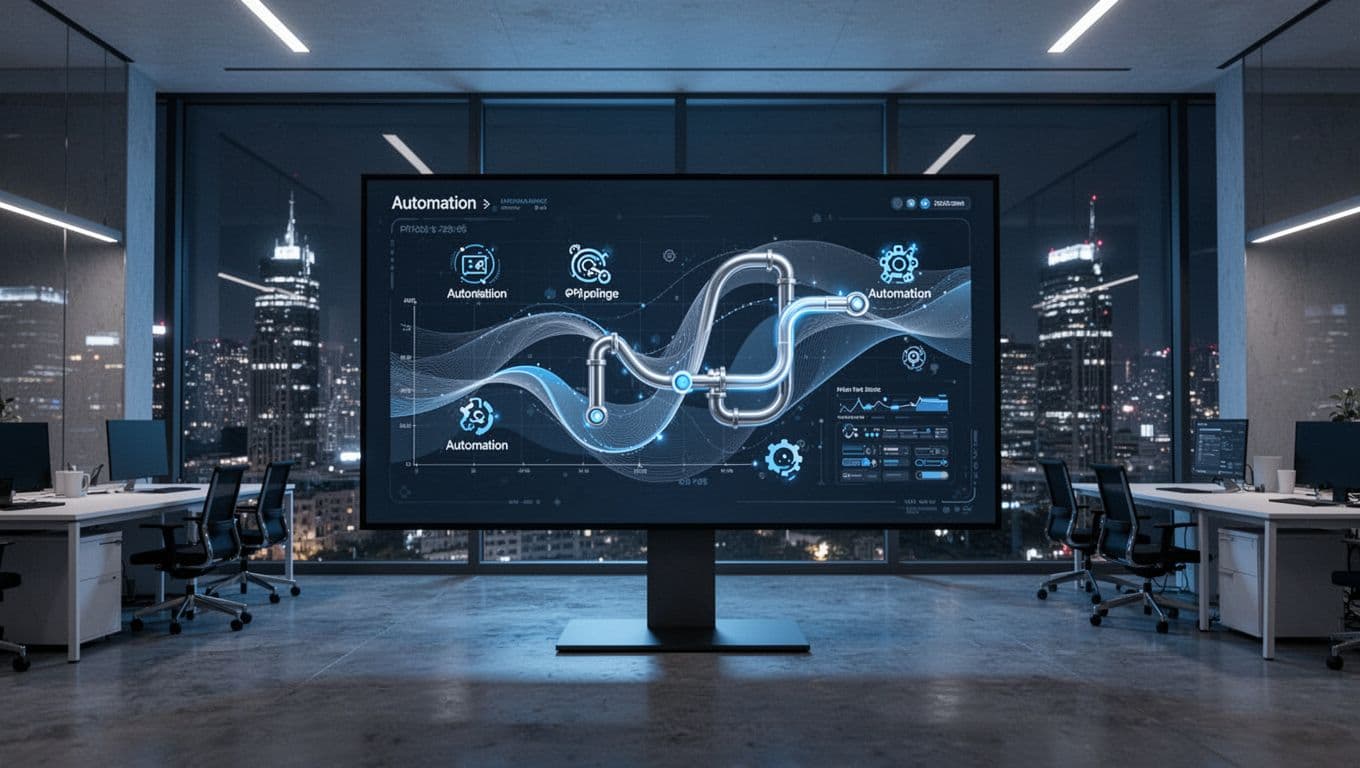 Modern illustration of a marketing agency dashboard on a large monitor showing client pipelines and automations, set in an empty modern office at night with city view, blue tones, clean shapes, no people or text.