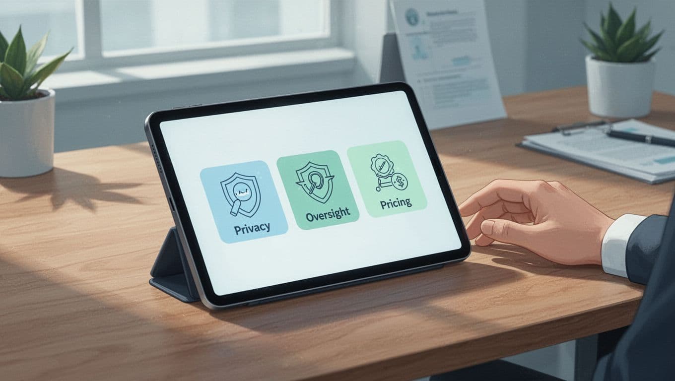Modern illustration featuring a tablet displaying a simple checklist with icons for privacy (lock), security (shield), oversight (stethoscope), pricing (coin), and evidence (document), alongside a relaxed hand on a wooden desk in a bright office setting.