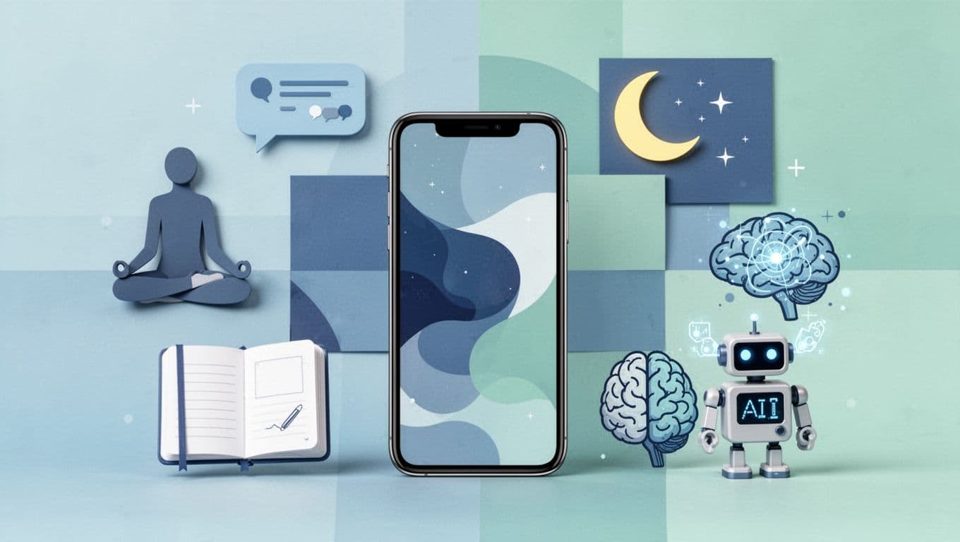 Modern illustration featuring a centered smartphone surrounded by clean icons for mental health apps like meditation, therapy, sleep, journal, ADHD brain, and AI robot in a balanced pastel blue-green collage.