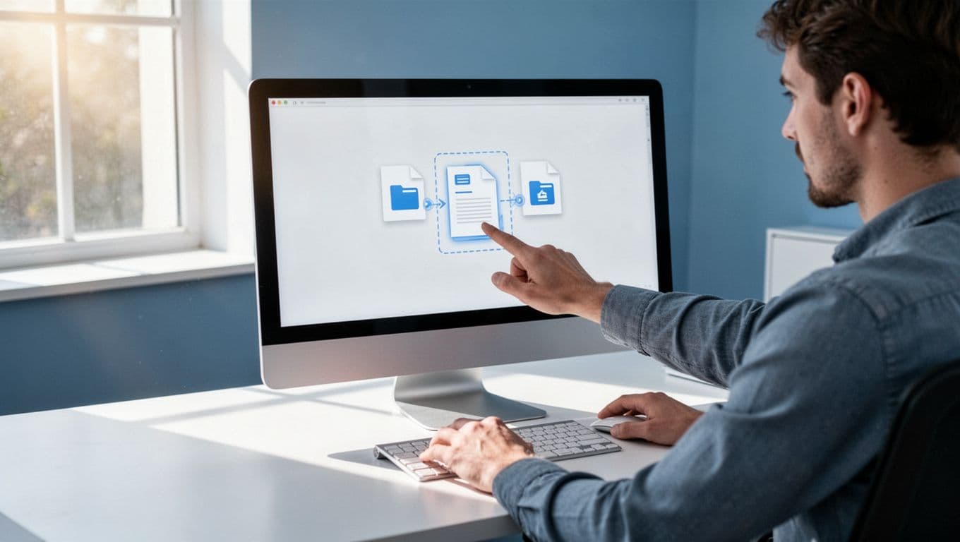 Modern illustration of a person at a desk merging PDF files using the built-in drag-and-drop interface on a Windows computer screen in a clean office setting with natural light.