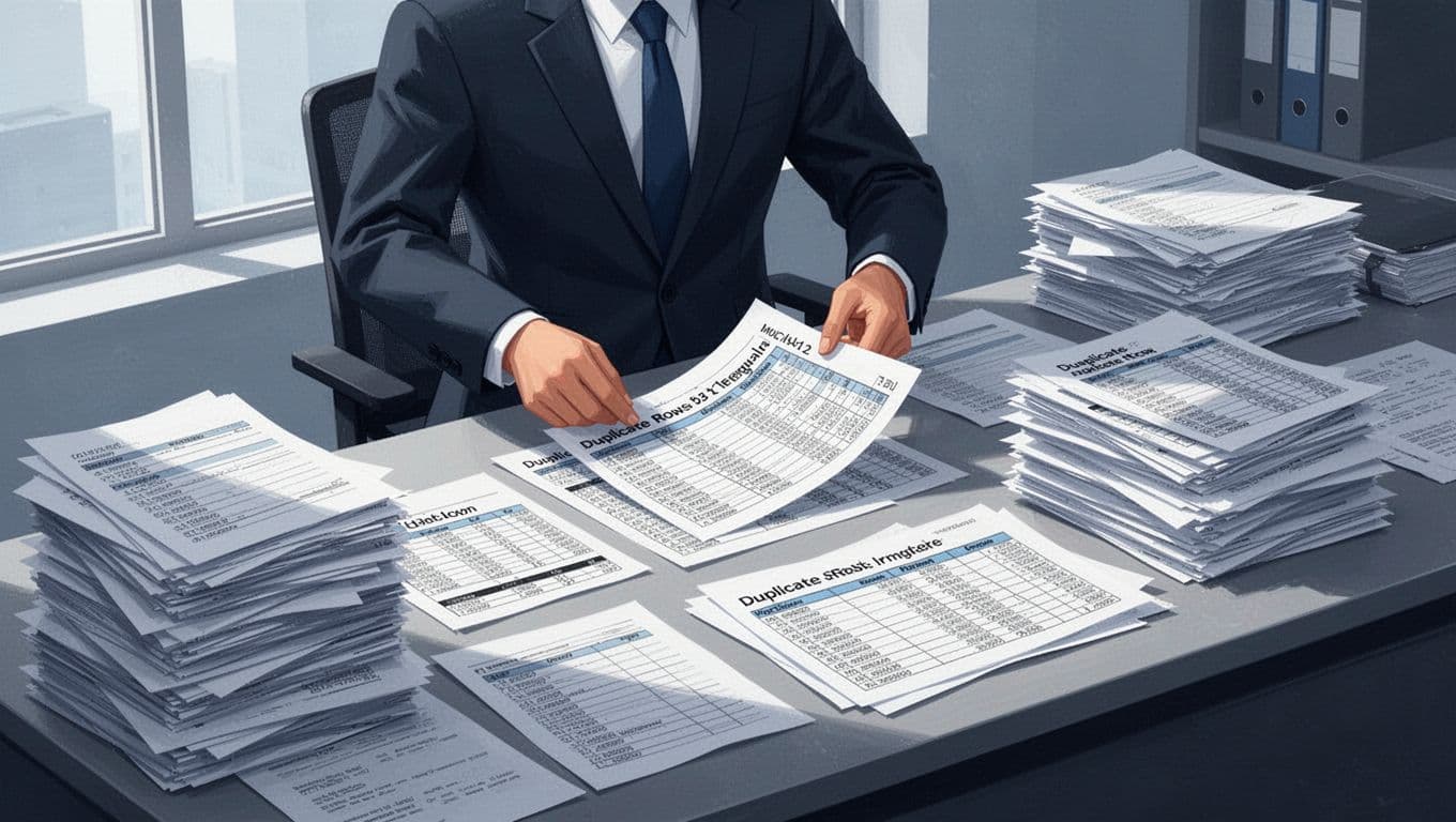 A cluttered desk features stacks of messy spreadsheets with duplicate entries, inconsistent formats, and error-filled cells, while a business professional sorts papers nearby. Modern illustration in blues and grays, showing chaos transitioning to order.