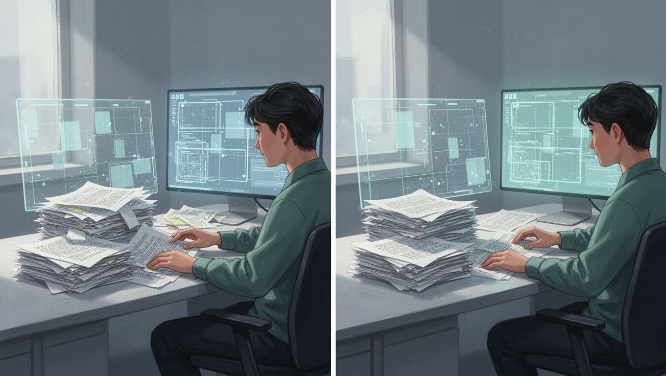 Modern illustration of a person at a desk sorting messy data piles into neat stacks on a spreadsheet interface with a before-after split view.