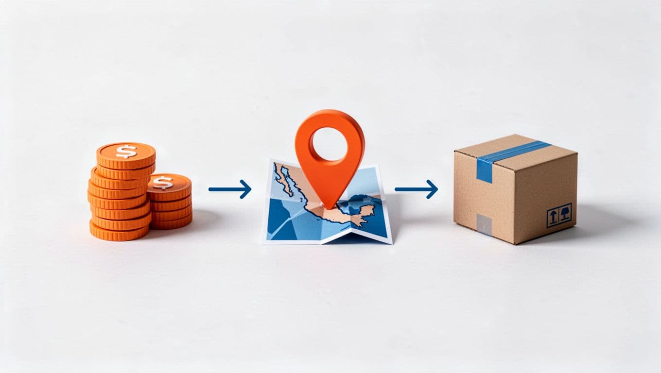 Three icons connected by arrows depict money transfer steps: enter amount, choose Mexico, confirm fees, in orange and blue on white background.
