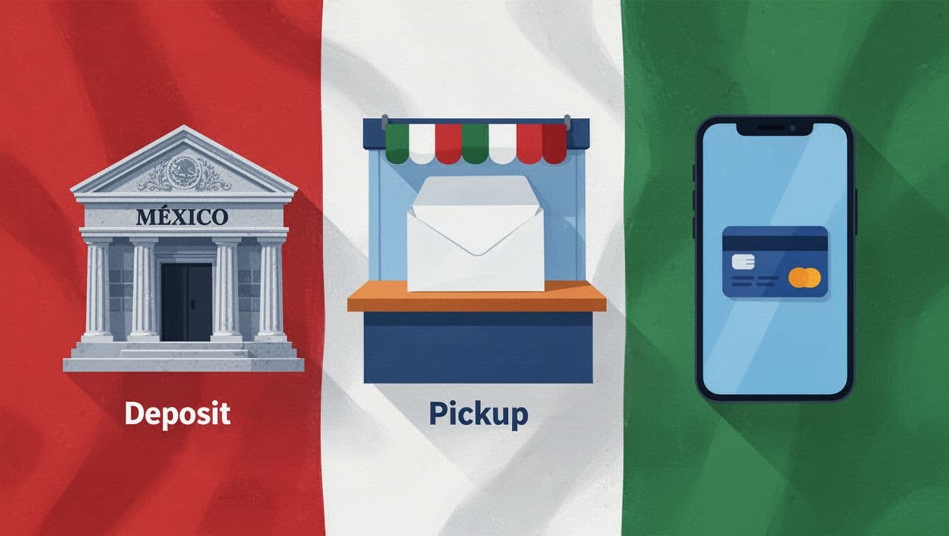Side-by-side icons show Mexican bank, store cash envelope, and smartphone mobile wallet.