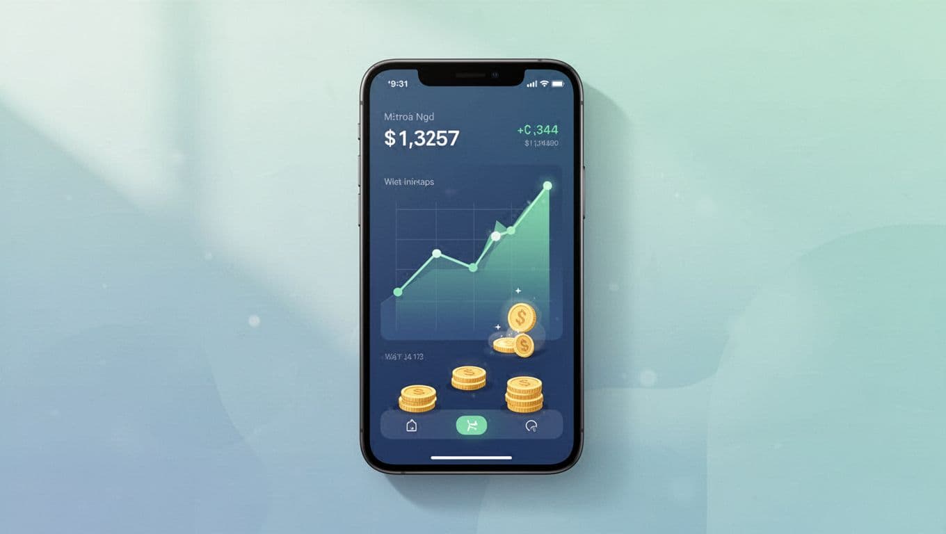 Modern illustration of a smartphone screen displaying a micro investing app dashboard with rising stock charts and accumulating coin icons, using a clean blue and green palette.